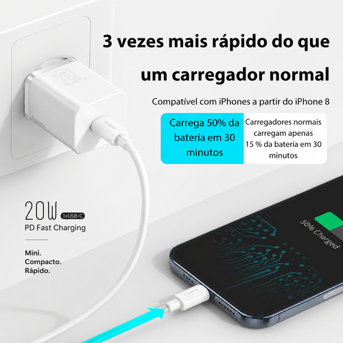 Carregador Tipo C 20W com cabo Tipo C para Lightning Baseus