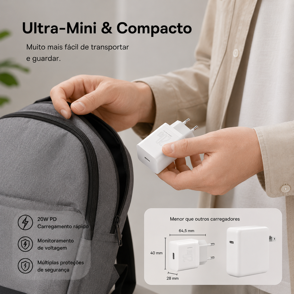 Carregador Tipo C 20W com cabo Tipo C para Lightning Baseus