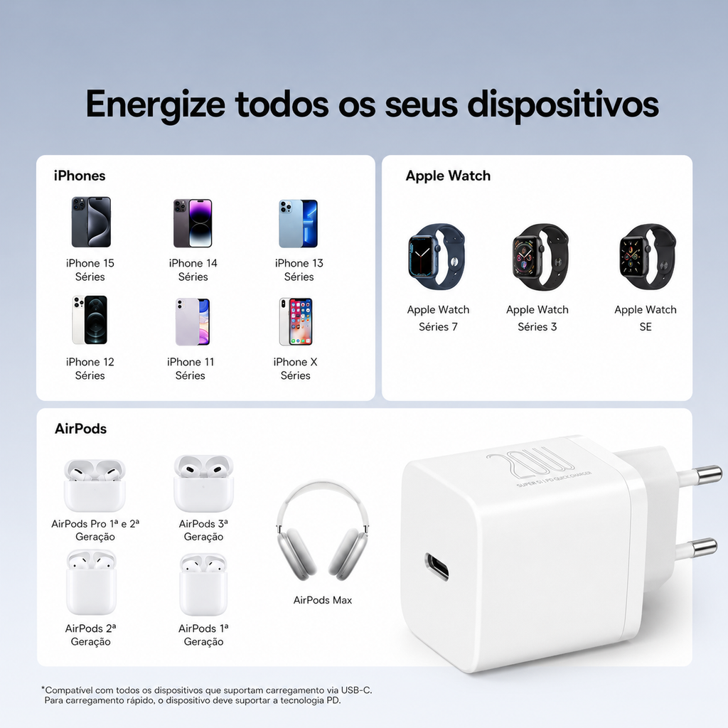 Carregador Tipo C 20W com cabo Tipo C para Lightning Baseus