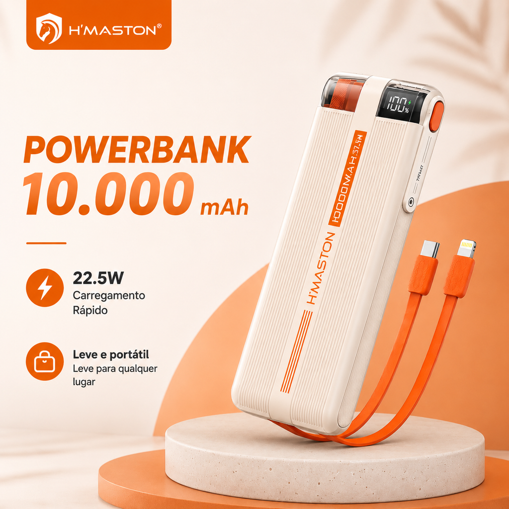 Power Bank Ultra Rápido H'Maston Turbo 37.5W 10000mAh com Cabos Tipo-C e Lightning imbutidos