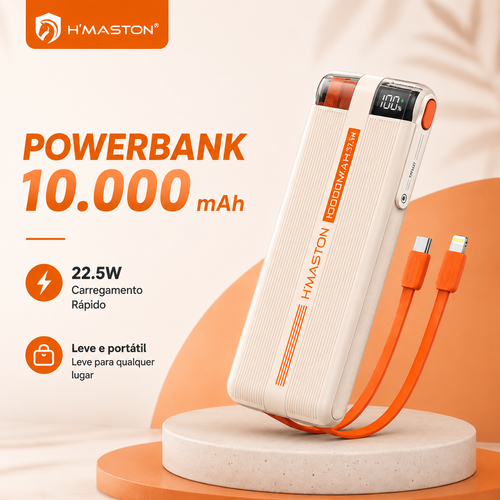 Power Bank Ultra Rápido H'Maston Turbo 37.5W 10000mAh com Cabos Tipo-C e Lightning imbutidos