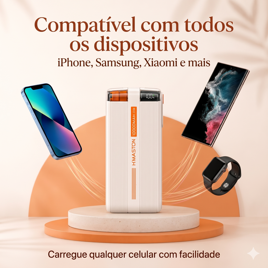 Power Bank Ultra Rápido H'Maston Turbo 37.5W 10000mAh com Cabos Tipo-C e Lightning imbutidos