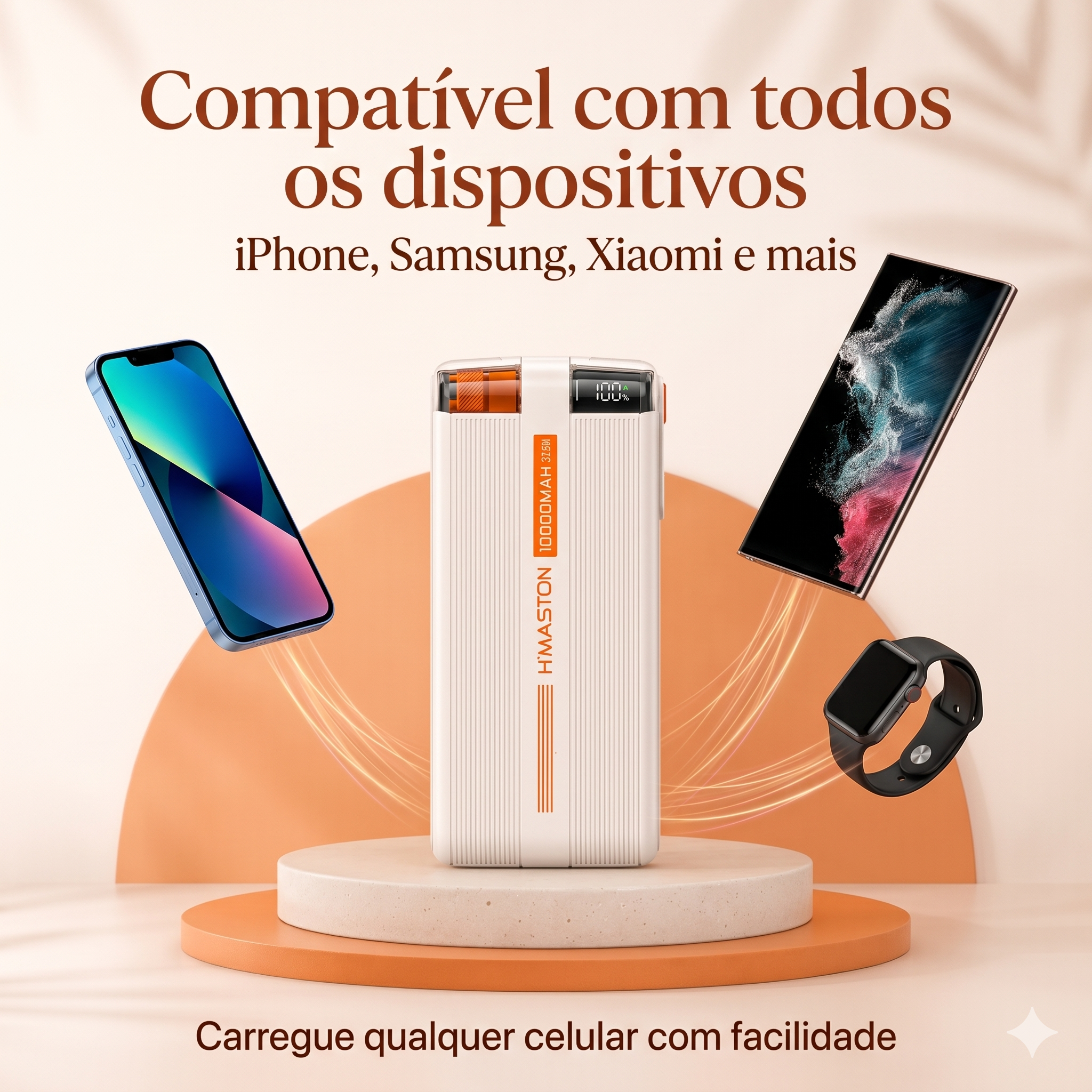 Power Bank Ultra Rápido H'Maston Turbo 37.5W 10000mAh com Cabos Tipo-C e Lightning imbutidos