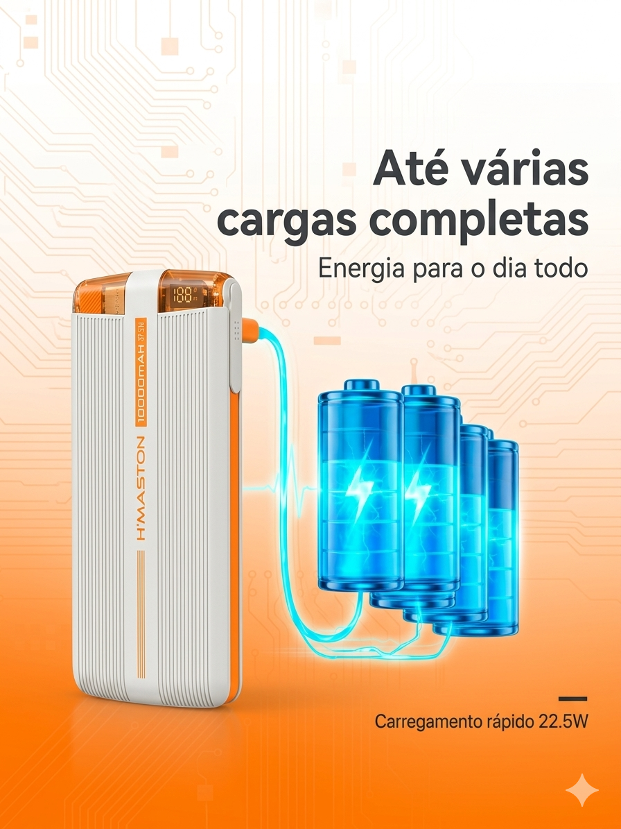 Power Bank Ultra Rápido H'Maston Turbo 37.5W 10000mAh com Cabos Tipo-C e Lightning imbutidos