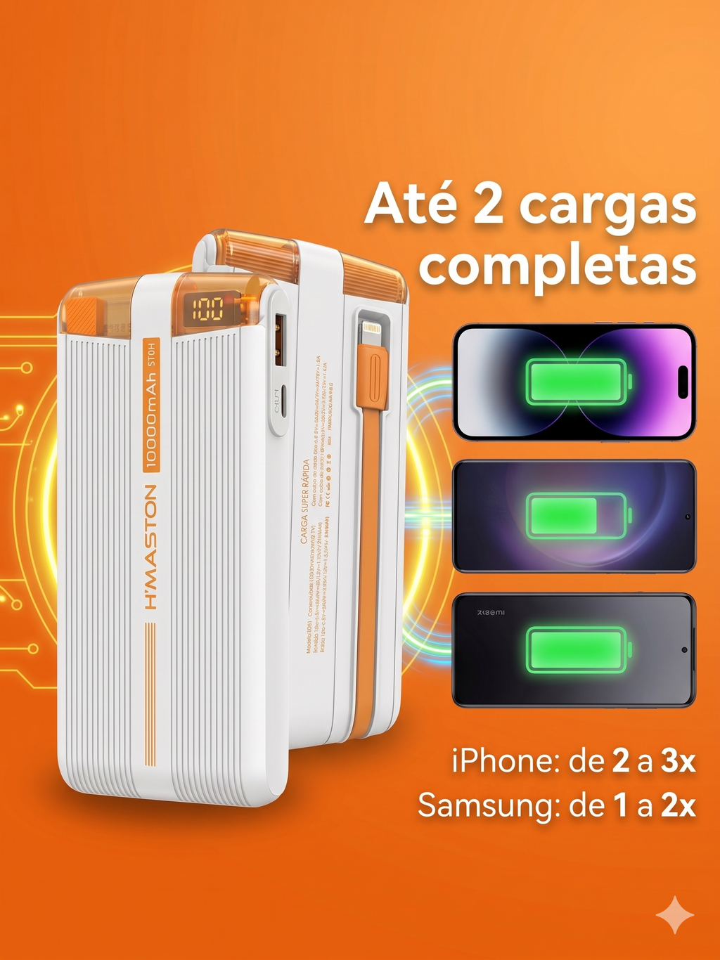 Power Bank Ultra Rápido H'Maston Turbo 37.5W 10000mAh com Cabos Tipo-C e Lightning imbutidos