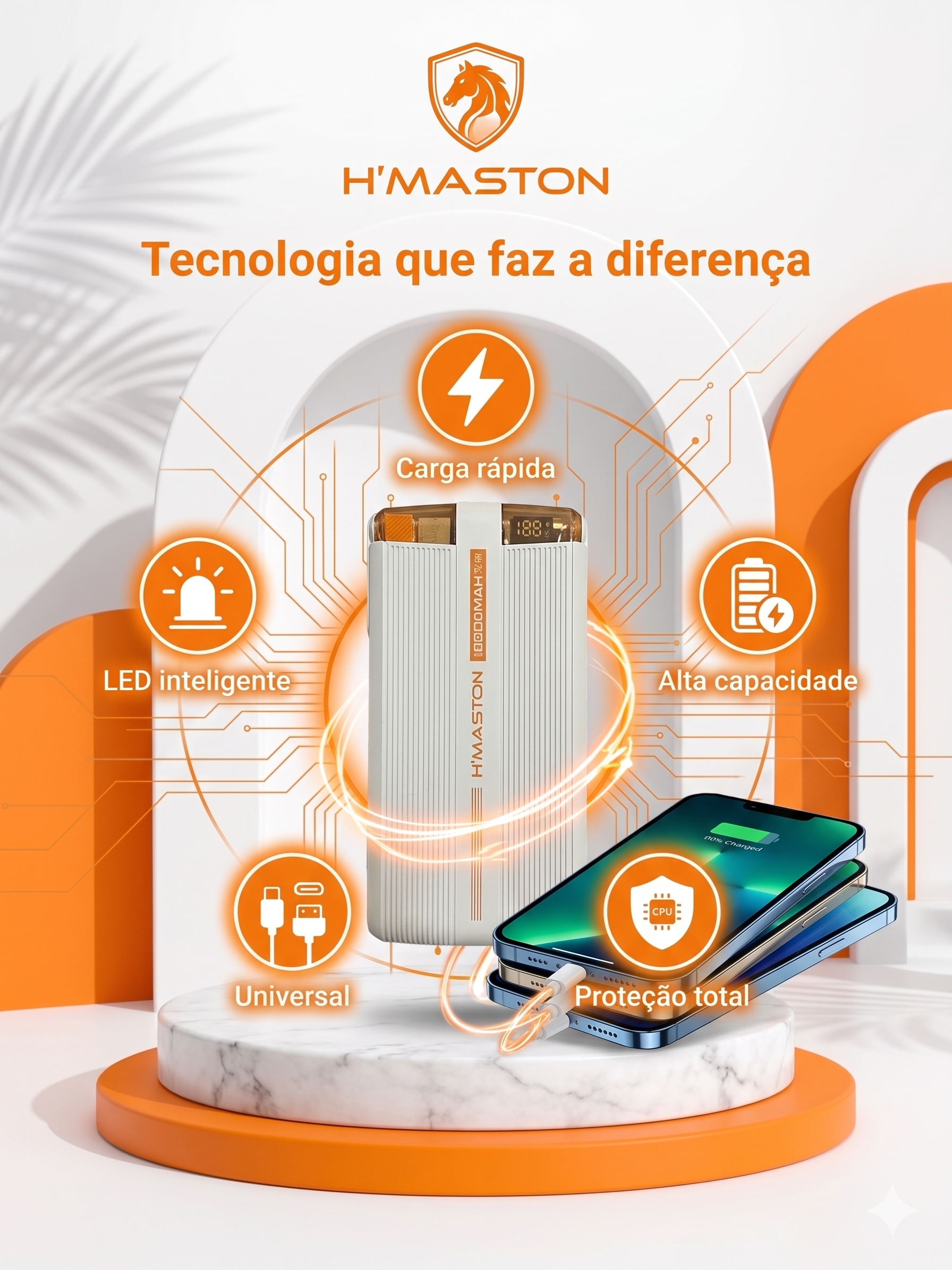 Power Bank Ultra Rápido H'Maston Turbo 37.5W 10000mAh com Cabos Tipo-C e Lightning imbutidos